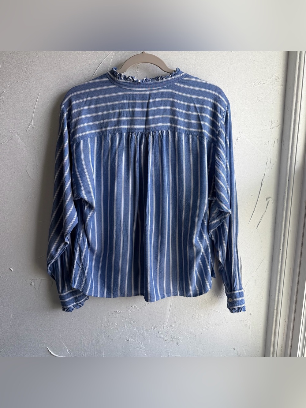 Loft blue and white stripe button down shirt with ruffled collar - Picture 8 of 8